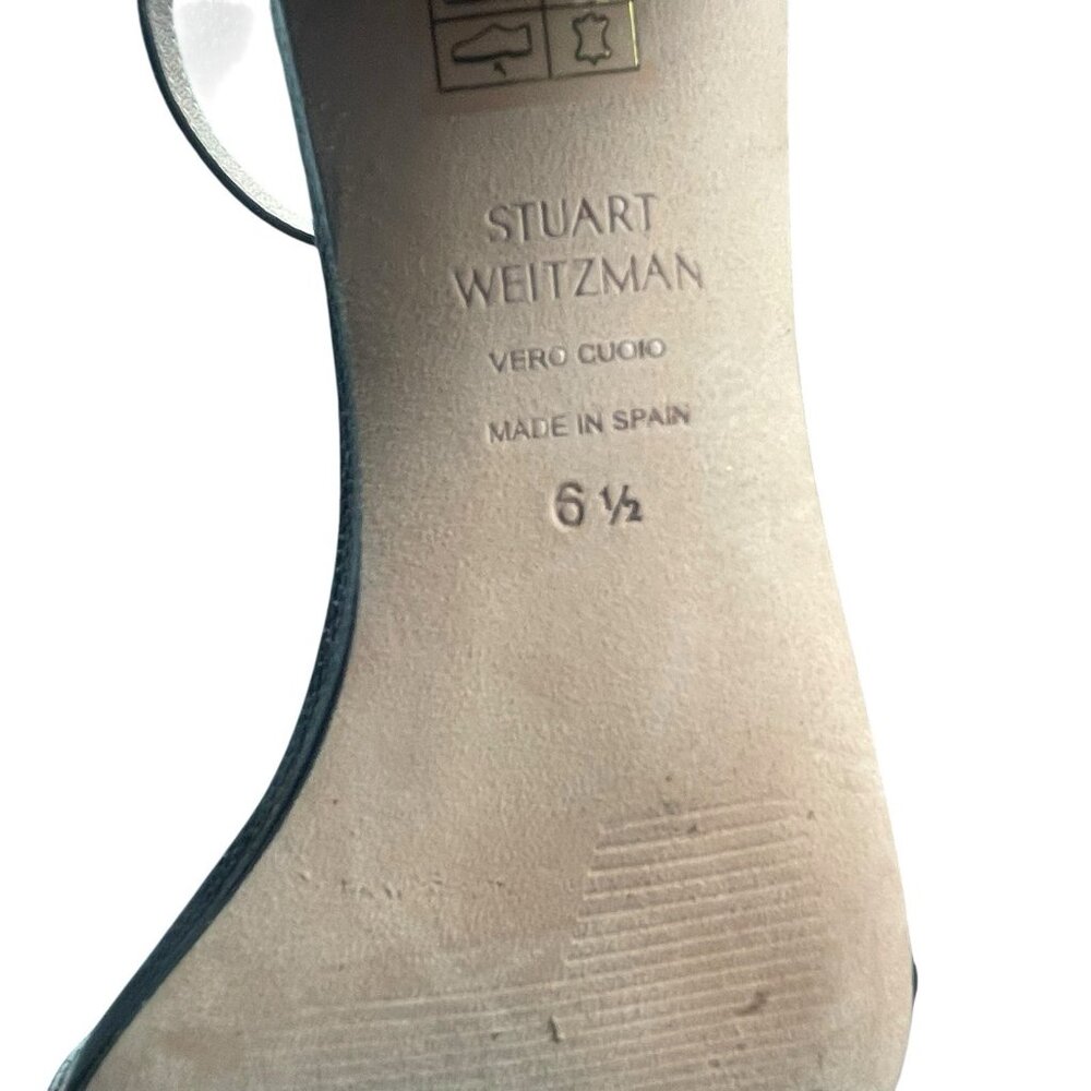 Stuart Weitzman 75 LessNudist Sandals 6.5 Black Leather Ankle Strap Block Heel - Picture 7 of 7